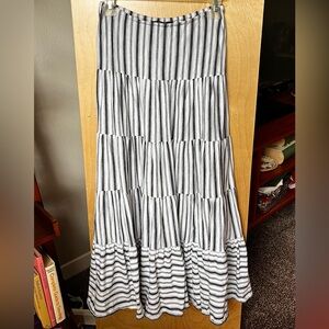 Lauren Ralph Lauren Black White Stripe Tiered Cotton Maxi Skirt XXS Boho